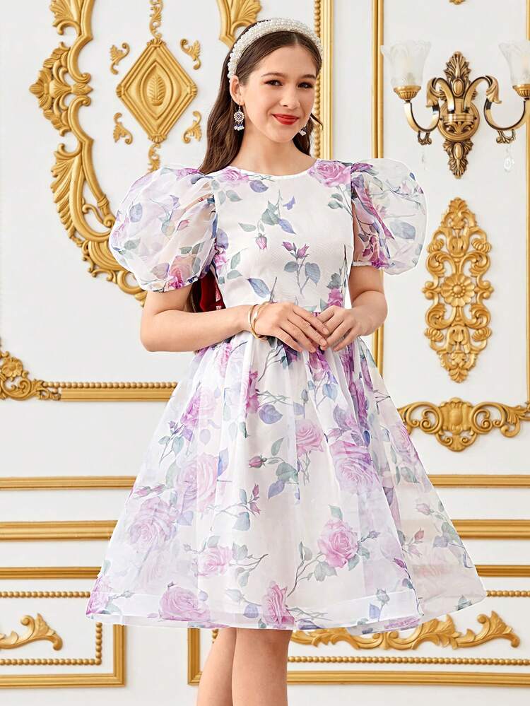 SHEIN 少女优雅拼色蝴蝶结后背泡泡袖中长连衣裙 - 粉色 - 查看 5