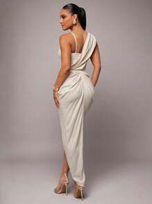 Silquee Romantic Valentine's Day & Date Night Apricot Linen Asymmetric Plunging Neckline Dress With High Slit, Adjustable Spaghetti Strap, Suitable For Parties, Weddings, Dances, Daily Wear, Vacation - Beige - View 2