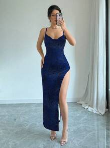 Flirla Women's Leopard Print Spaghetti Strap Summer Slit Dress Maxi Women Outfit,Vacation Outfits Woman