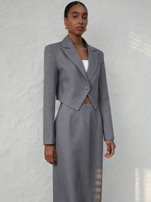 Aveloria Modichic Women's Elegant Commuter Notched Lapel Cropped Long Sleeve Blazer With Split Hem, Paired With Super Long Skirt Suit