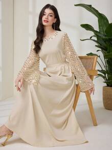 Al Najma 保守优雅亮片绣花袖女士阿拉伯连衣裙，女式超长连衣裙 - 卡其色 - 查看 2