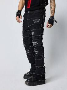 ROMWE MEN Grunge Punk 男士简约口袋毛边牛仔裤，休闲日常穿着 - 黑色 - 查看 4