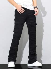 Manfinity Homme Men's Pocket Casual Versatile Skinny Denim Hoof Cut Pants - Black - View 5