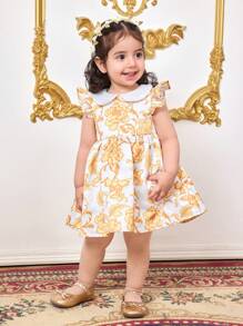 SHEIN Sukienka dla dziewczynki na lato z krótkim rękawem i falbaniastym kołnierzykiem w kwiatowy wzór - Biały - Zobacz 3