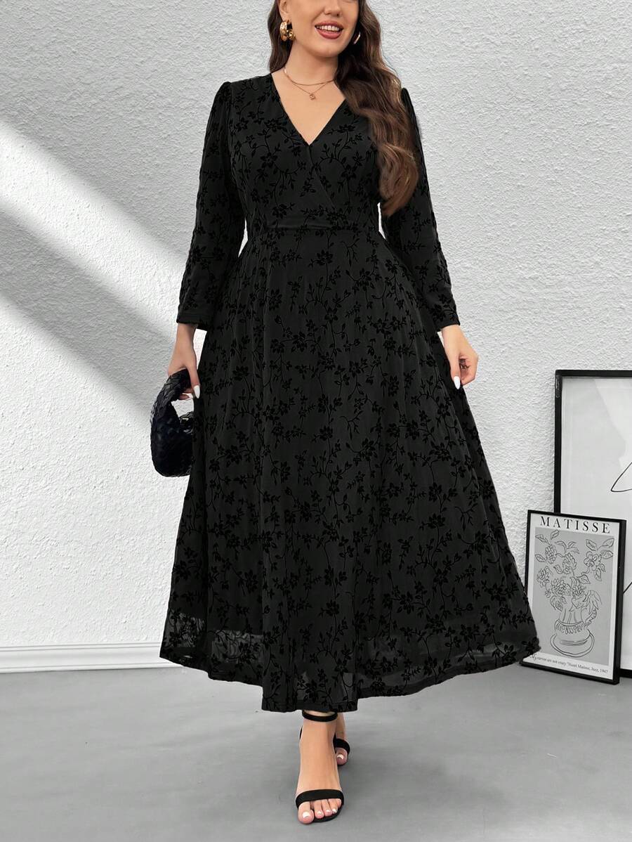 Firerie Plus Size Women Elegant Floral Olive Green Soft Mesh Print Loose A-Line Midi Dress, Comfortable For Casual Outings, Dates, Vacation - Black - View 1