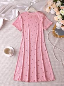 青少年女孩圆领短袖全身印花休闲睡衣套装 - 粉色 - 查看 2