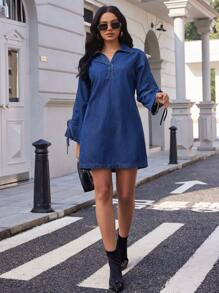 SHEIN Essnce 女士休闲翻领长袖牛仔迷你连衣裙 - 深色水洗藍 - 查看 4