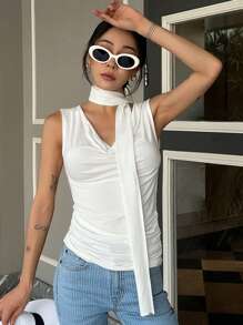 DAZY Women Casual Sleeveless Tank Top, Solid Color, Slim Fit, Resort Style, Summer - White - View 6