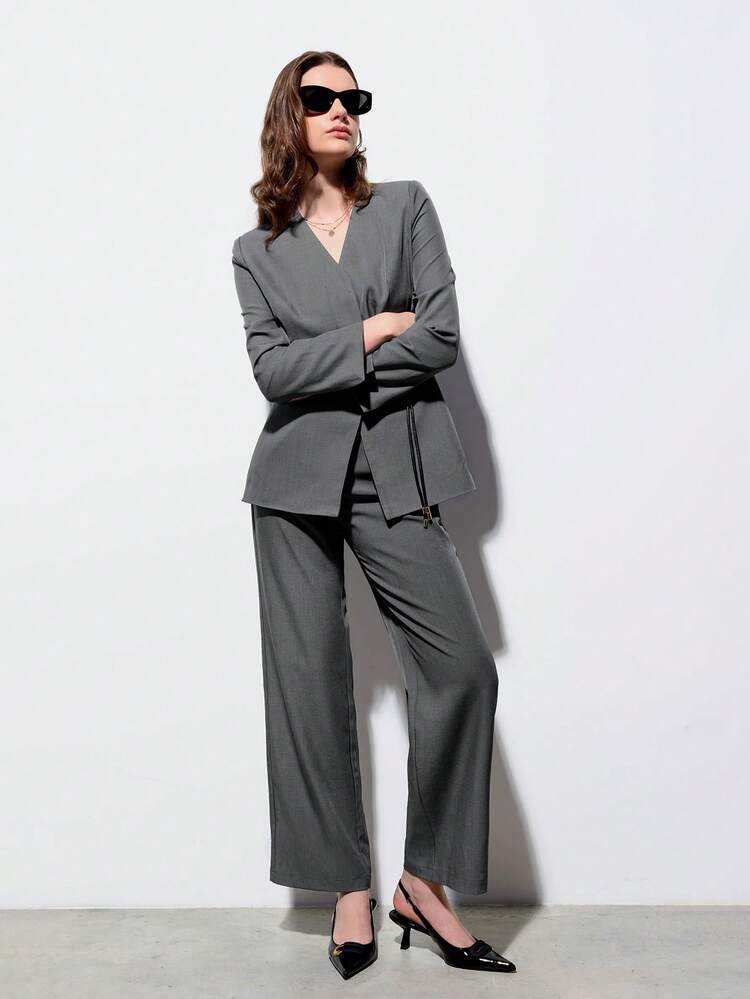 SHEIN Maija Spring And Summer New Style Gray Belted Woven Women's Suit Blazer Jacket, Urban, Modern, Elegant, Daily Casual Commuting, Suitable For Going Out, Holiday, Holiday Party, Wedding Date In Fall/Winter