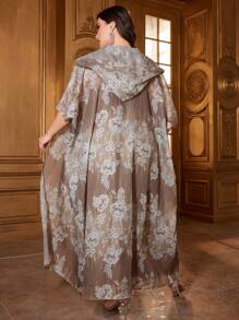 Al Najma Bộ 2 món cỡ lớn cho phụ nữ Ả Rập Trung Đông Váy Abaya, Váy Maxi in họa tiết sang trọng Dubai - Màu Khaki - Xem 2