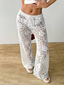 SHEIN EZwear Quần ống đứng buộc eo ren hoa cho nữ - trắng - Xem 1