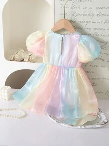 女婴夏季韩版时尚泡泡短袖 3D 蝴蝶结渐变色连衣裙 - 彩色 - 查看 2