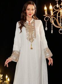 Al Najma Elegant Solid Color Embroidered Sequins Decor Women's Dress, Modest Kaftan - White - View 1