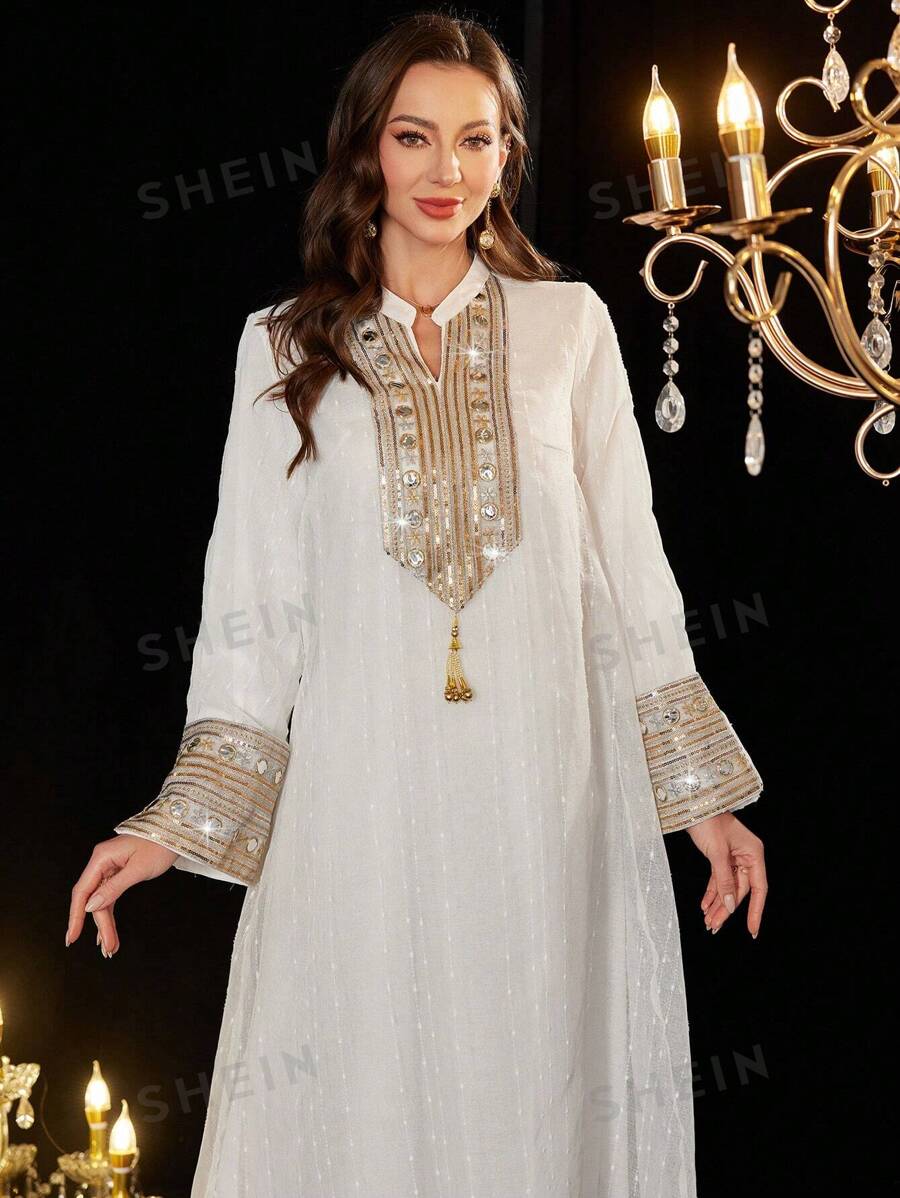 Al Najma Elegantes einfarbiges Kleid mit bestickten Pailletten Dekor für Frauen, bescheidene Kaftan - Weiss - Übersicht 1