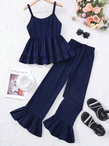 SHEIN Conjunto holgado con volantes y correas cruzadas en azul marino, apropiado para adolescentes en primavera/verano, Eid Al-Adha, vacaciones del Día de la Independencia, tiempo libre, vacaciones, niñas, lindo, cómodo