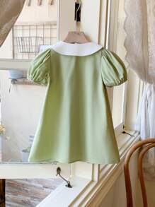 SHEIN Baby Girl Cute Green Peter Pan Collar Bow Short Sleeve Dress For Summer - Green - View 2