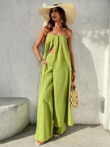 SHEIN VCAY Women's Summer Avocado Green Solid Color Holidaya Split Hem Longline Tube Top & Pants Fashionable Set Minimalist Casual Daywear Matching Sets Women Two Pieces Set Women Vacation Outfits Woman Summer Outfits For Women Valentines Going Out Vacation Sets For Women Festival Boho - Lime Green - View 6