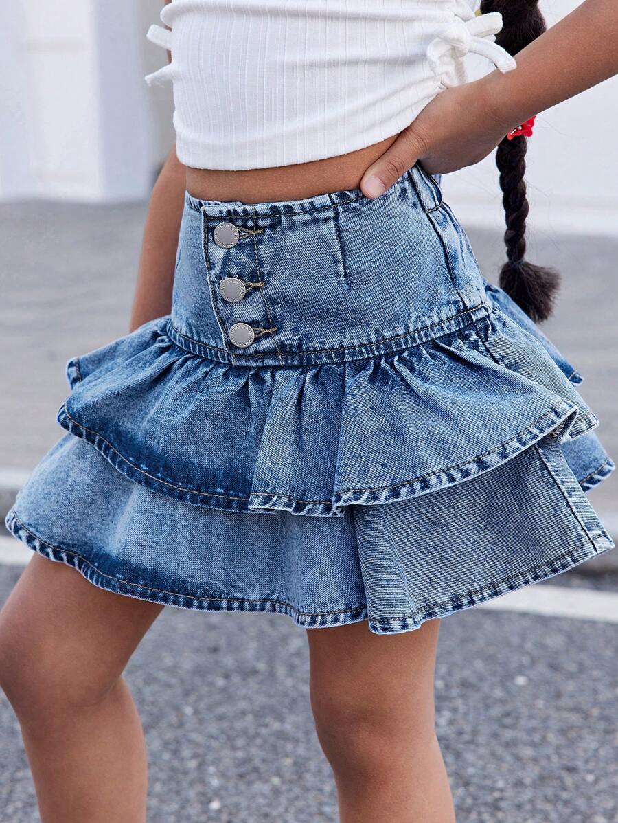 SHEIN Young Girl Denim Ruffle Hem A-Line Skirt,Kid Girls Spring And Summer Casual Vacation Country Boho Wear, Beach Outfits For Kid Girls