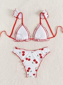 Swim Mod Women's Cherry Print Frill Trim Sexy Bikini Set, Vacation, For Summer Beach - Multicolor - View 2
