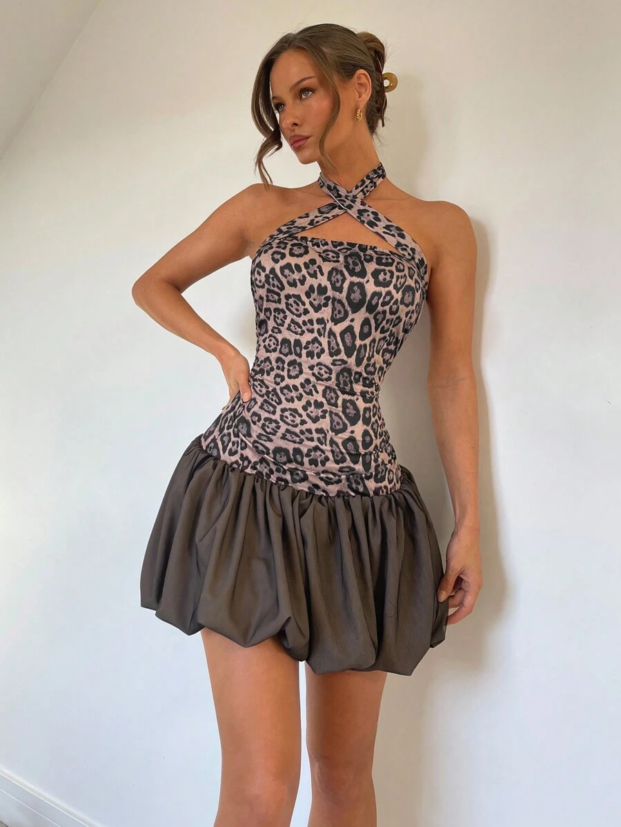 Chiquease Women's Halter Tie Sexy Fashion Leopard Print Contrast Mesh Puff Mini Dress, Spring/Summer - Brown - View 1
