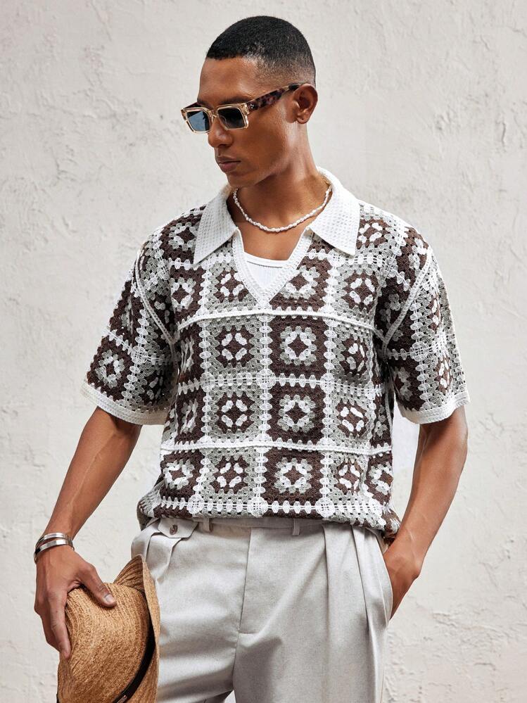 Party Men's Oversized Dropped Shoulder Turndown Collar Short Sleeve Knit Top, Suitable For Summer - Multicolor - View 1