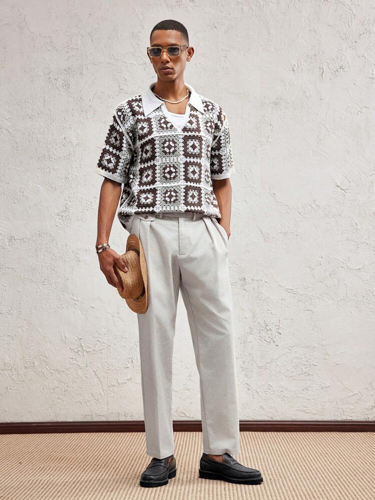 Party Men's Oversized Dropped Shoulder Turndown Collar Short Sleeve Knit Top, Suitable For Summer - Multicolor - View 3