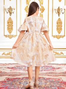 SHEIN Leap Crew Tween Girl Elegant Open Shoulder Patterned Short Sleeve Dress, Ramadan - Baby Pink - View 2