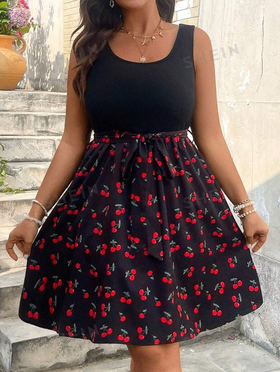 SHEIN VCAY Vestido de talla grande con estampado floral de flores de cerezo romance para el Día de San Valentín para mujeres