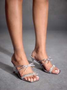 CUCCOO SZL Women Silver Bow Crystal Chain Square Toe Thin Heel High Heels Sandals, Sexy Elegant Party Shoes For Clubbing, Music Festival - Silver - View 1