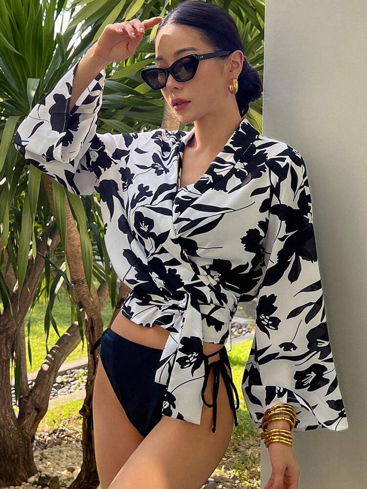 Floral Print Long Sleeve V-Neck Tie-Up Casual Holiday/Vacation Blouse, For Women, Spring/Summer,Fall Clothes Boho