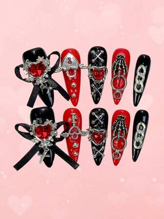Anime 10 pezzi Charms in stile Y2K con cuore rubino nero e rosso, croce, fiocco, cuore, ali, catena metallica e unghie finte, 1 pezzo di nastro adesivo, per San Valentino