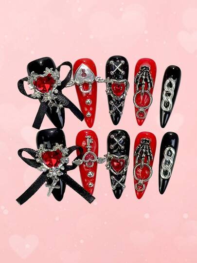 Anime 10 pezzi Charms in stile Y2K con cuore rubino nero e rosso, croce, fiocco, cuore, ali, catena metallica e unghie finte, 1 pezzo di nastro adesivo, per San Valentino