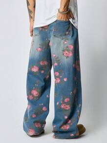 ROMWE MEN Street Life Quần Jeans Ống Rộng Túi Họa Tiết Hoa Thường Ngày Cho Nam - Màu xanh lam - Xem 2