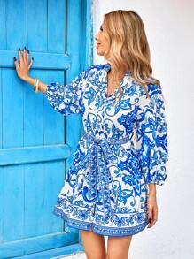 Vivid Eden Woven Printed Short Sleeve Loose Mini Dress For Women,Summer Clothing,Vacation Style,For Beach Vacation - Blue and White - View 3