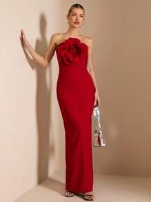 SHEIN BAE Women's Sleeveless Solid Red Maxi Dress, Elegant And Sexy With Romantic 3D Flower Decoration, Suitable For Graduation Ceremony, Cocktail Party, Romantic Date, Winter Layering, Party, Formal Event,Valentine's Day,Valentine Outfits For Women - Red - View 4