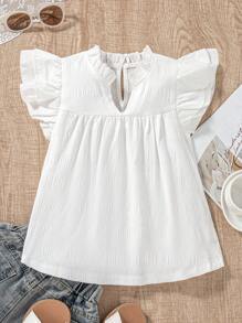 SHEIN Girls White Cap Sleeve Cap Sleeve Cute V-Neck A-Line Blouse, Princess Sweet Matching Sister Outfits, Fashion Look - White - View 3