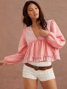 WESTFADE 西部混合材质针织与编织 V 领娃娃装长袖女牛仔上衣 - 粉色 - 查看 3