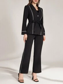Modelyn White Striped Contrast Color Tie Waist Blazer And Trousers Suit Fall Cloth For Women - Black and White - View 3