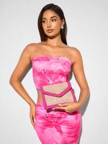 SHEIN BAE Woven Evening Clutch Bag For Women, Fashionable Minimalist Solid Color Large Wallet, Suitable For Summer Travel And Vacation, Straw Wallet, Straw Beach Bag, Beach Essentials, Beach Supplies, And Summer Necessities, Most Suitable For Beach Atmosphere - Hot Pink - View 3