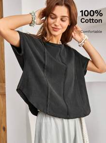 Bohemela 女性實色弧形梯形t恤 - 黑色 - 查看 2