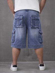 Manfinity Homme Plus Size Men's Cargo Pocket Wide Leg Casual Denim Shorts - Medium Wash - View 2