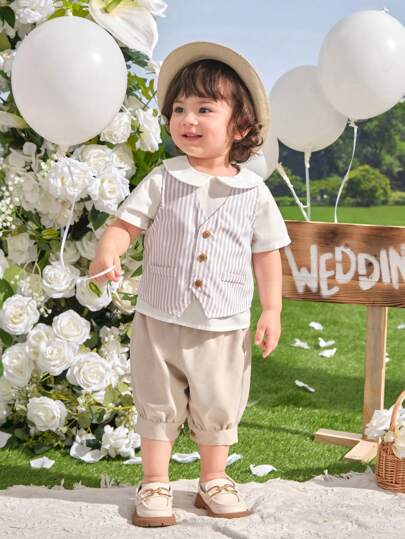 SHEIN 3pcs/Set Baby Boy/Girl Casual Gentleman Style Short Sleeve Shirt, Striped Vest And Elastic Waist Shorts Set, Suitable For Spring/Summer Wear, Ideal For Birthday Party, Christening, 1st Birthday Celebration, Evening Party, Wedding, Pageboy