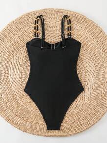 Swim Chiccia Women's Solid Color Double Shoulder Strap Metal Decor Hollow Out Beach Resort One Piece Swimsuit For Summer Beach Vacation - Black - View 5