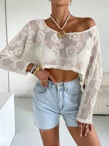 SHEIN Essnce 女士纯色长袖休闲镂空透明衬衫 - 白色 - 查看 6