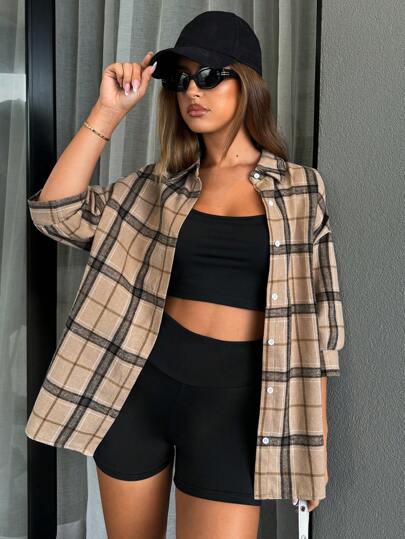 SHEIN Essnce Women's Casual Light Sports Summer Outfit, Sexy & Fashionable Outdoor Cycling Tennis Travel Top Top & Compression Shorts & Plaid Shirt 3pcs/Set