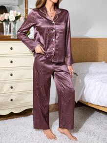 SHEIN EverLounge Conjunto de pijama minimalista de manga larga con botones frontales y pantalones para mujer