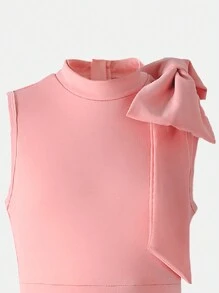 Girls High Waisted Sleeveless Simple Elegant Fashionable Half-High Collar Solid Color Jumpsuit With Detachable Bowknot Decor, Summer - Pink - View 7