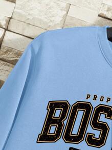 Manfinity Dauomo 男士圆领长袖字母图案休闲套头衫，秋季 - 藍色 - 查看 4