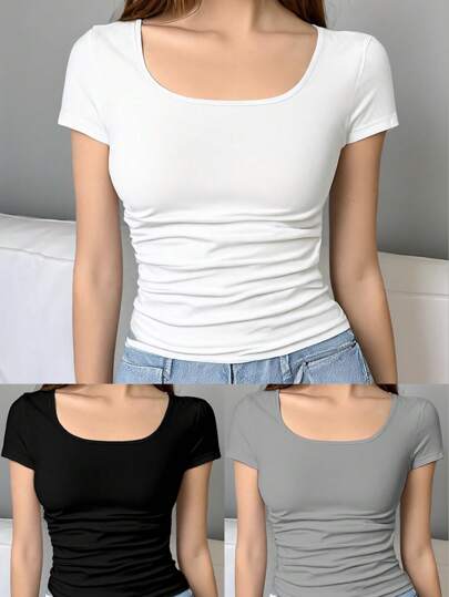 SHEIN 2pcs/Set Tween Girls' Square Neck Short Sleeve Tee