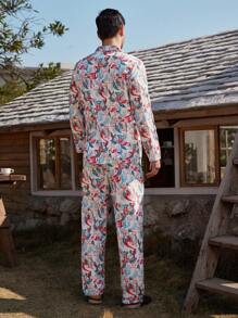 Manfinity ChillVibe Men's Floral Print Long Sleeve Top And Pants Pajama Set - Red and White - View 2